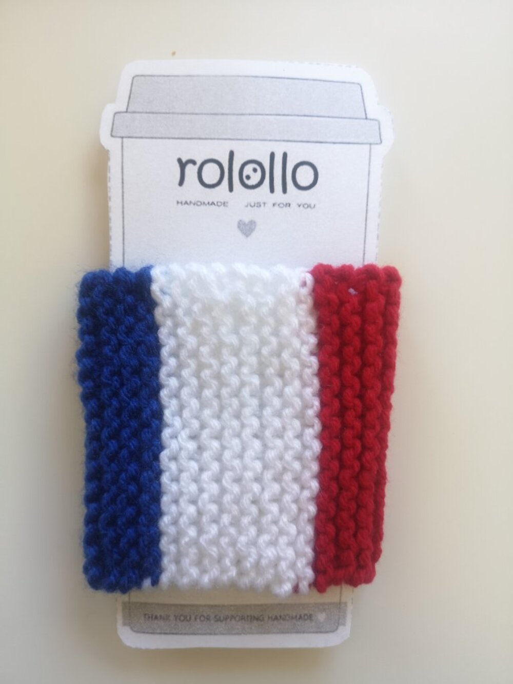 HandKnit Cup & Can Cozy–Reusable Coffee Sleeve & Soccer Fan Accessory FRANCE